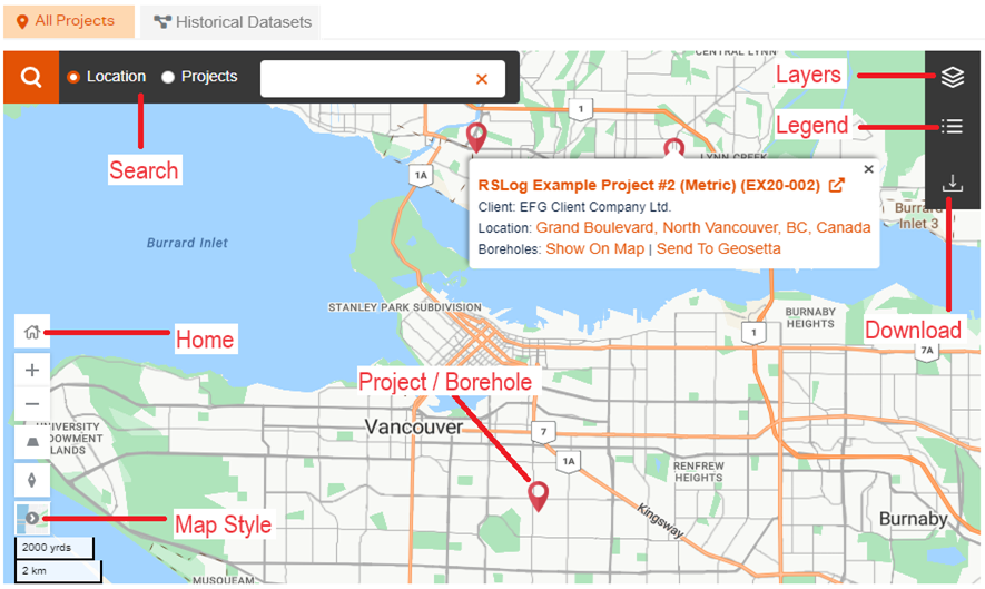 Major features of the GIS map page
