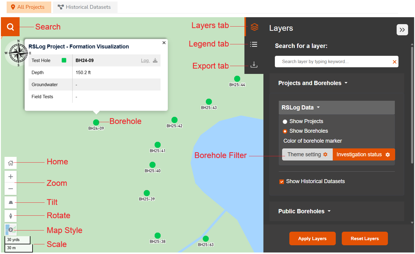 Major features of the GIS map page