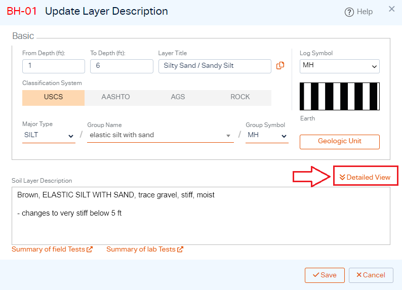 Selecting Layer Description (basic / detailed mode)