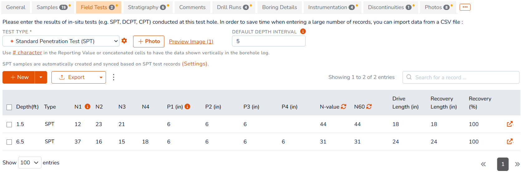 SPT data entry and calculation of N-Value