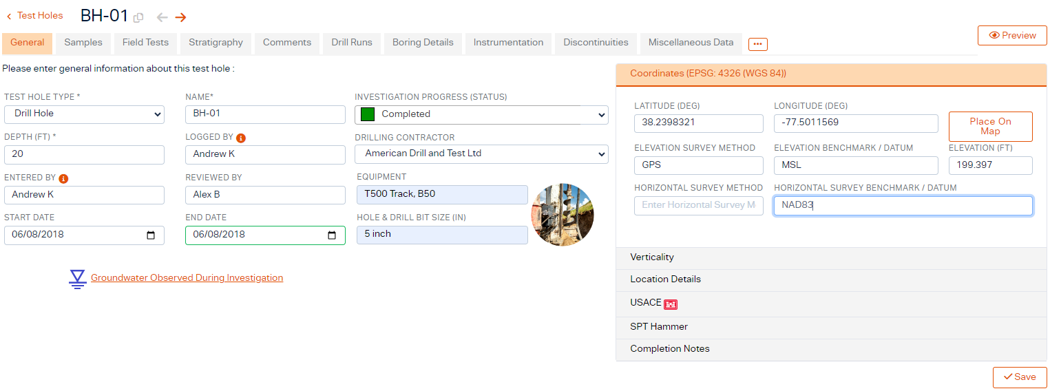 Test Hole Data Entry