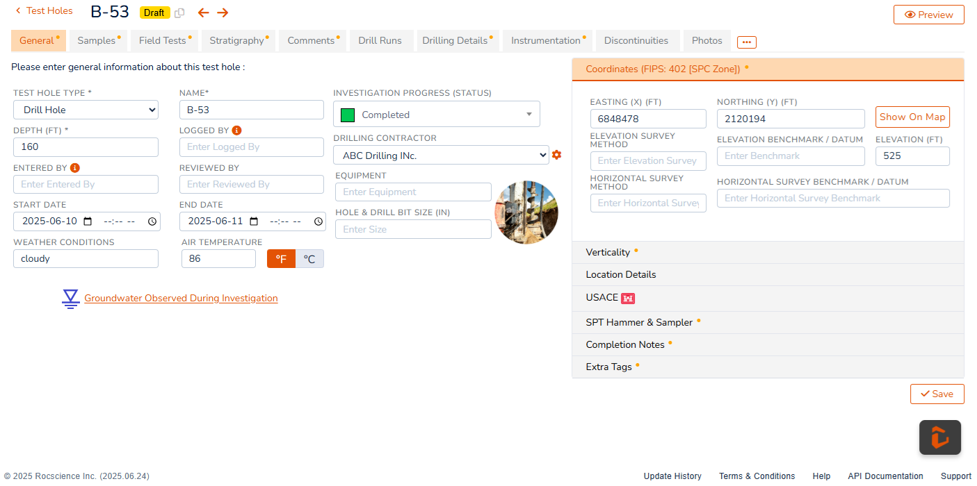 Test Hole Data Entry Page