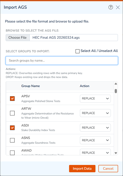 Uploading an AGS File and Selecting Groups to Import
