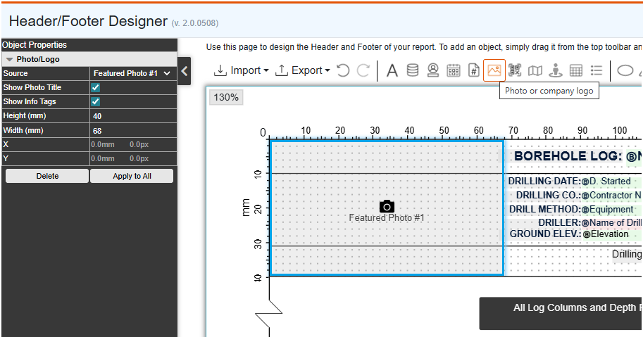 Placing featured photos on the header or footer of your log template