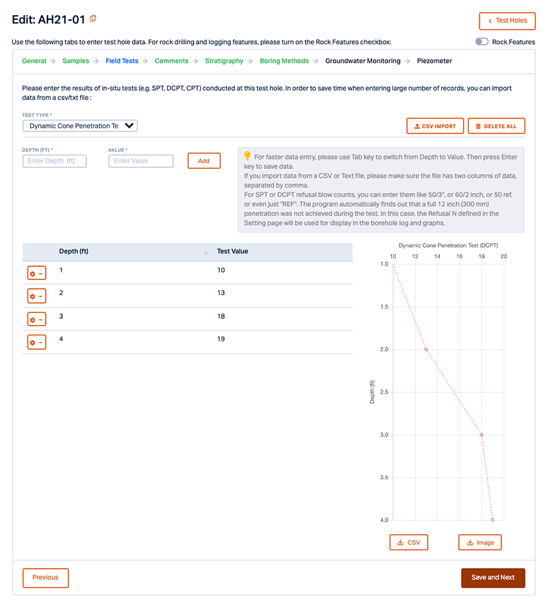 Test Hole Field Tests Tab