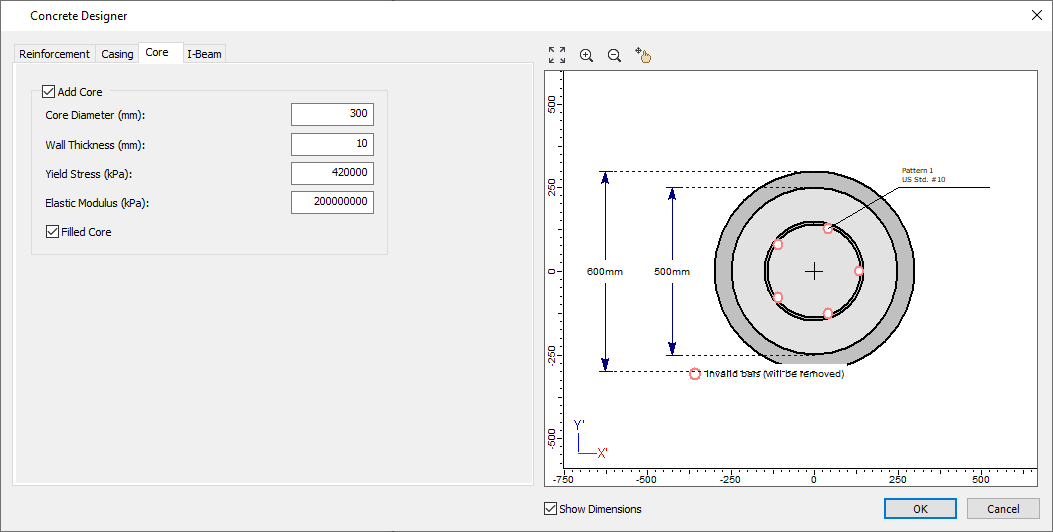 Concrete Designer showing Core with Invalid Bars warning