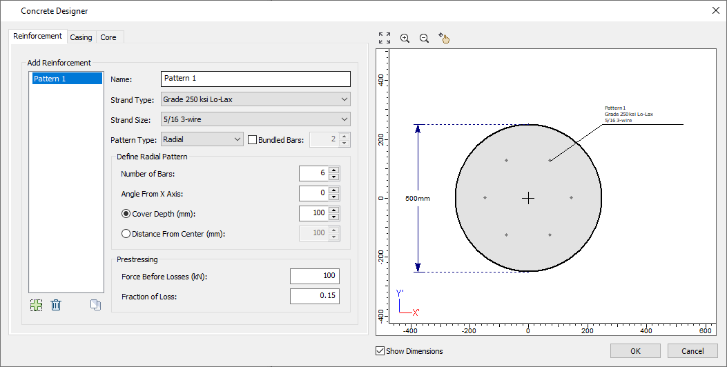 Concrete Designer with Radial Pattern selected (Prestressed Concrete)