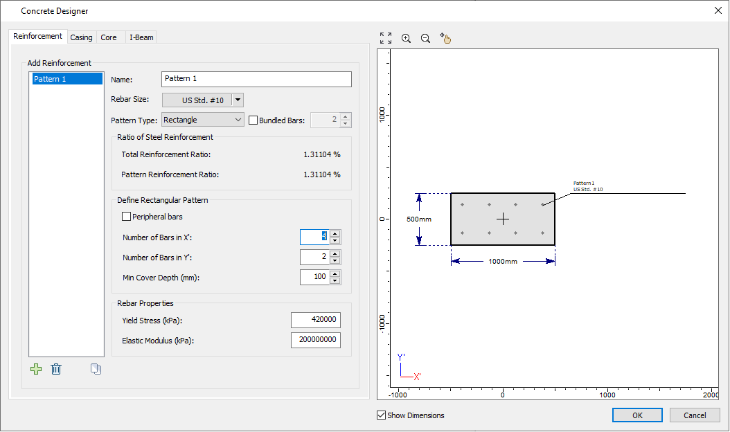 Concrete Designer with Rectangular Pattern selected (Reinforced Concrete)