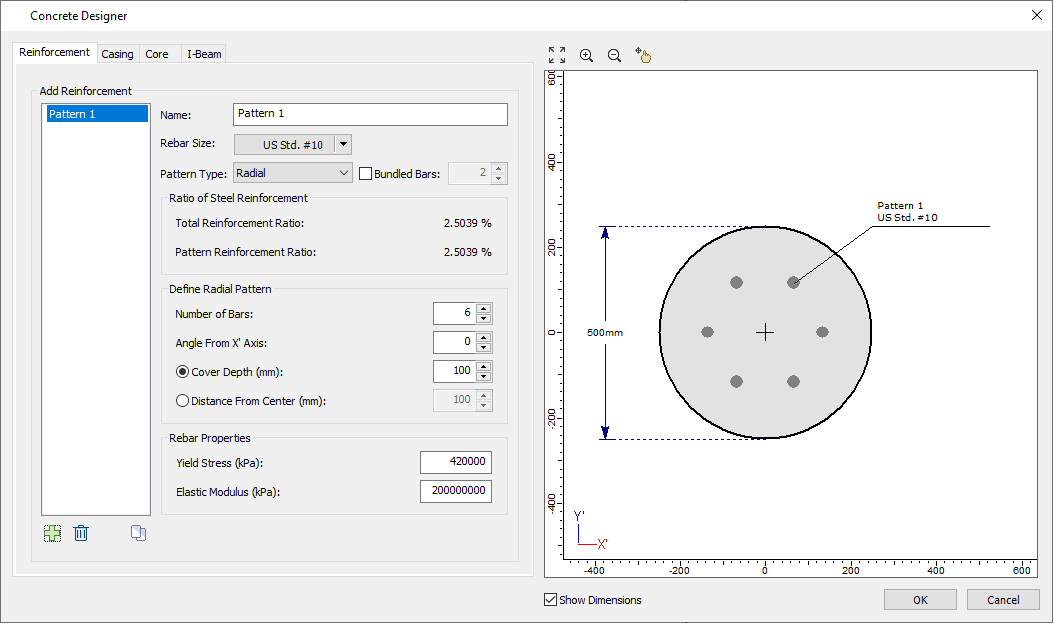 Concrete Designer with Radial Pattern selected (Reinforced Concrete)