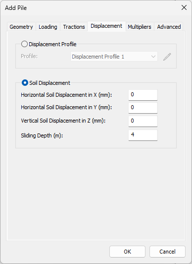Add Pile - Displacement tab