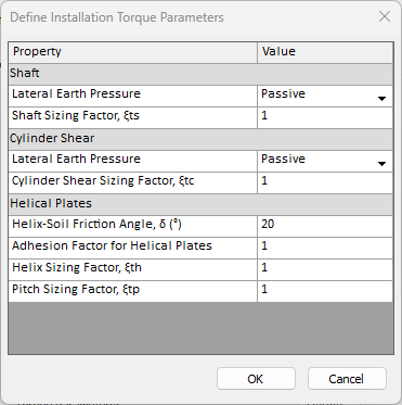 Define installation torque parameters dialog