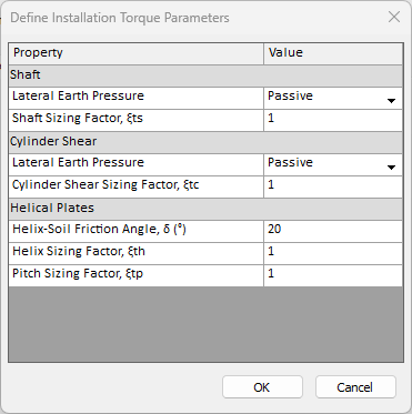 define installation torque parameters dialog