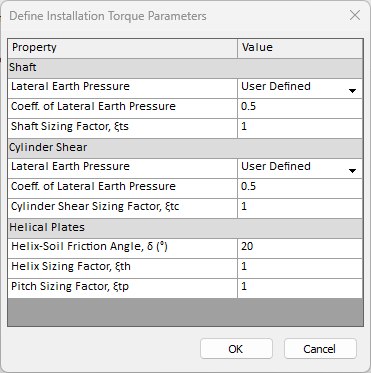 define installation torque parameters dialog