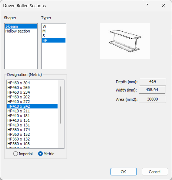 Driven Rolled Section dialog