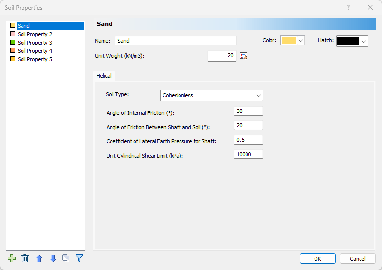 Cohesionless Soil Type options in Soil Properties dialog