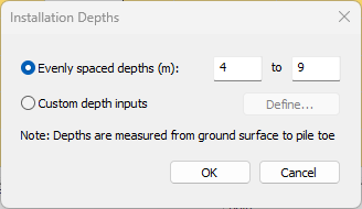 installation depths dialog