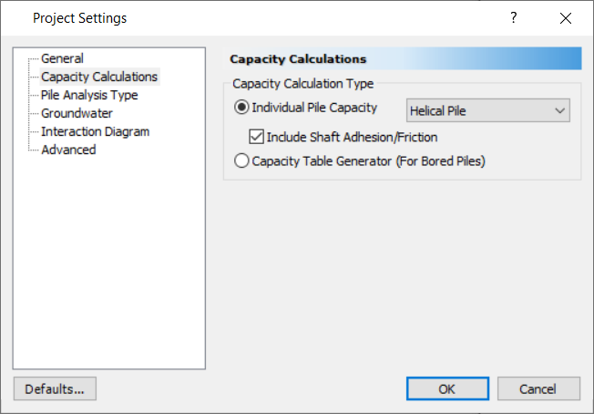 Project settings capacity calutations