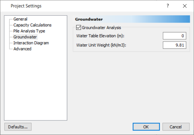 Project settings groundwater