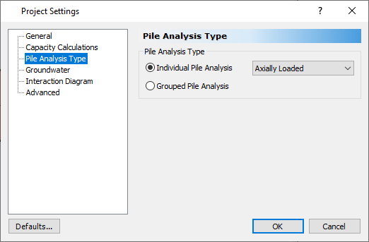 Project Settings dialog - Pile Analysis Type tab