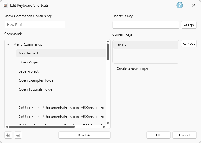 keyboard shortcuts dialog