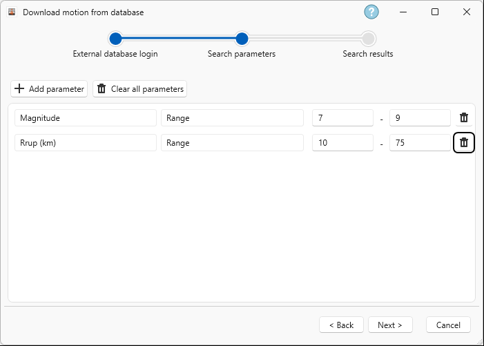 Search parameters for database