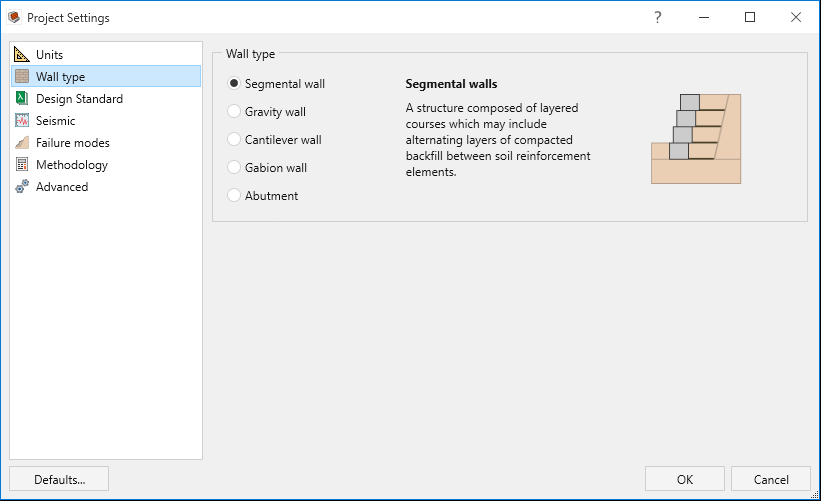 project settings dialog wall type