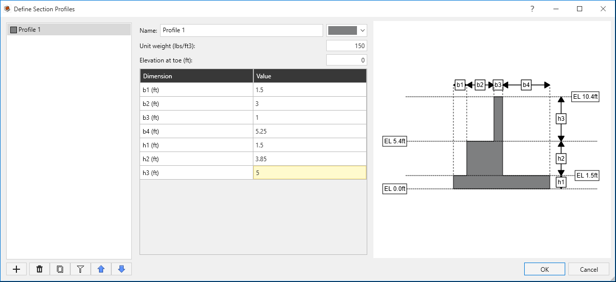 Define section profiles dialog