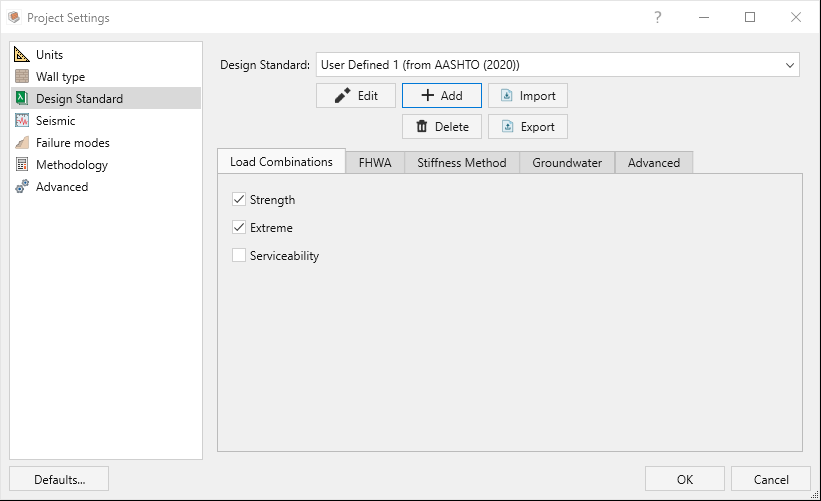 Project Settings - Design standard tab