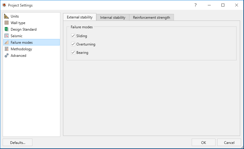 Project Setting Failure Modes tab