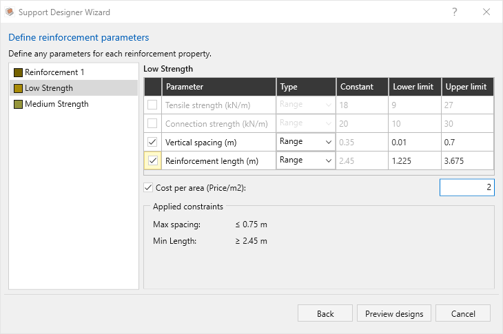 Support Designer dialog - Low Strength
