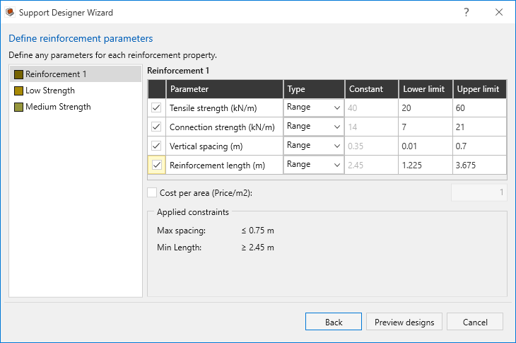 Define Reinforcement Parameters Dialog