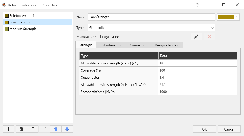 Define Reinforcement Properties dialog - low strength