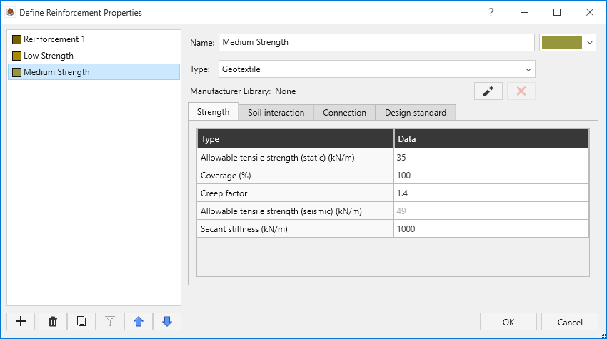 Define Reinforcement Properties dialog - Medium Strength