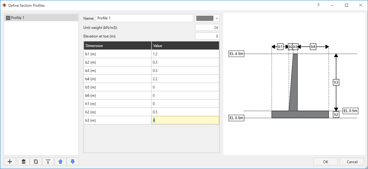 define section profiles dialog