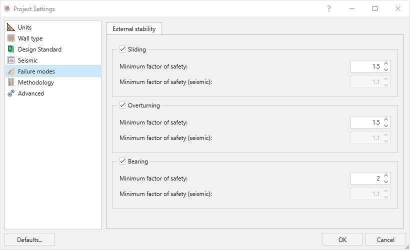 Project settings - Failure modes tab