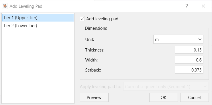 Add Leveling Pad dialog