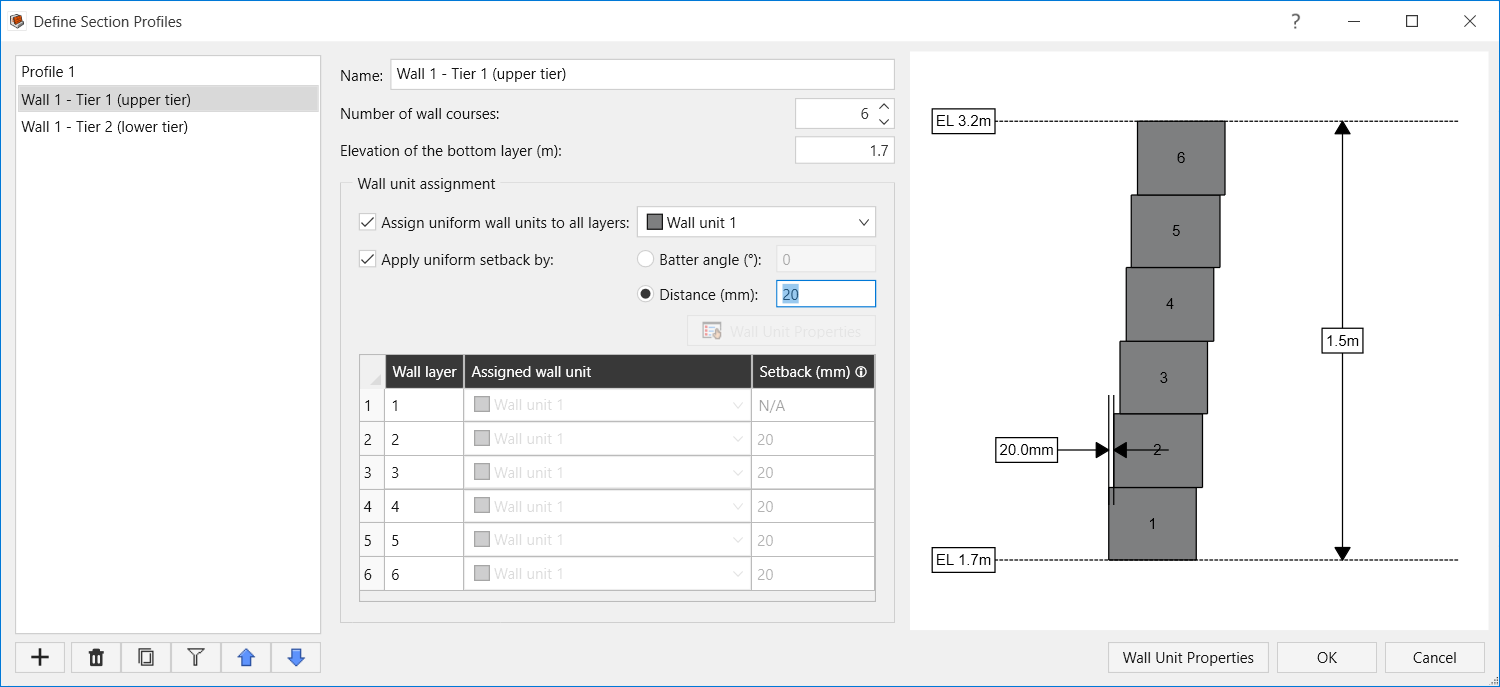 Define section profile dialog