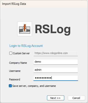 Import RSLog Data dialog