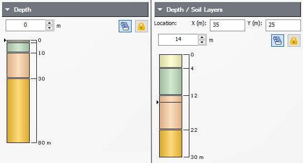 Depth control in sidebar (horizontal soil layers on left; multiple boreholes on right)