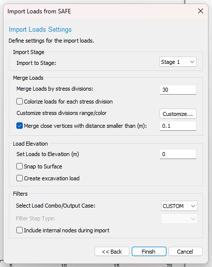 Import Loads from Safe settings dialog