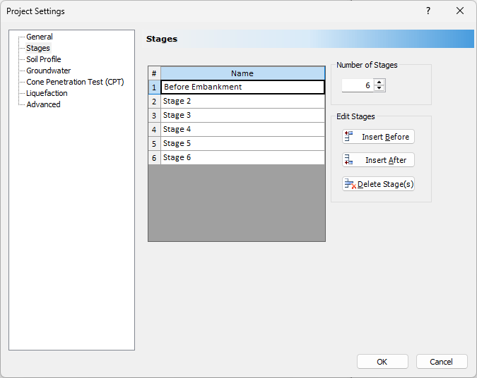 Project settings - stages tab