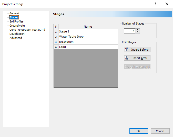 Stages- Project Settings Dialog Box