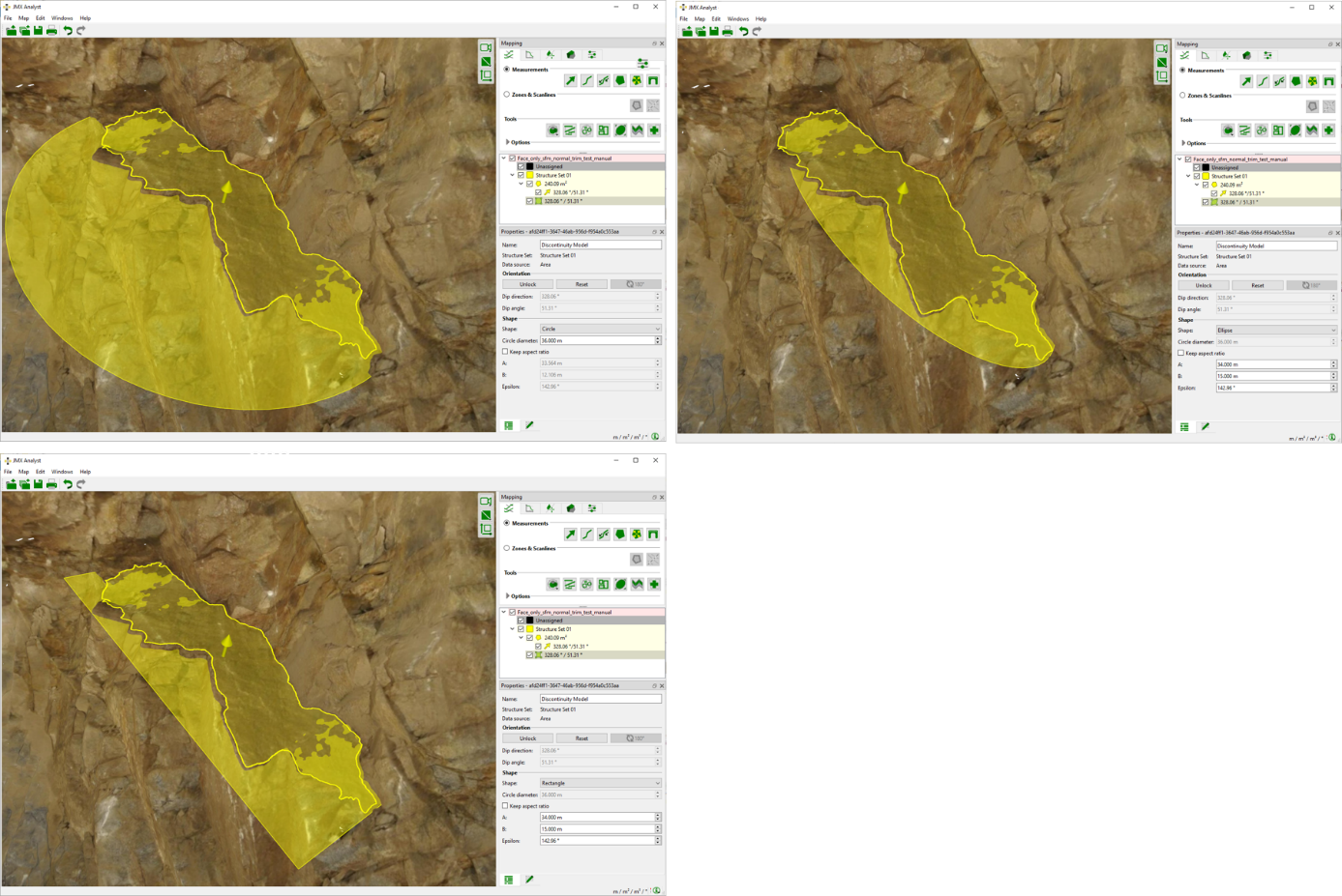 Changing the shape of the Discontinuity Model by choosing circle (top left), ellipse (top right) or rectangle (bottom left) in the pull-down menu