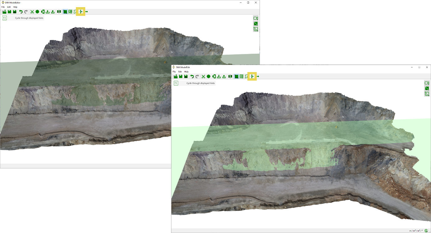 Left: Reference Plane (light green shaded) with the upward normal vector faces the observer. Right: Reference Plane (dark green shaded) with the upward normal vector points away from the observer.