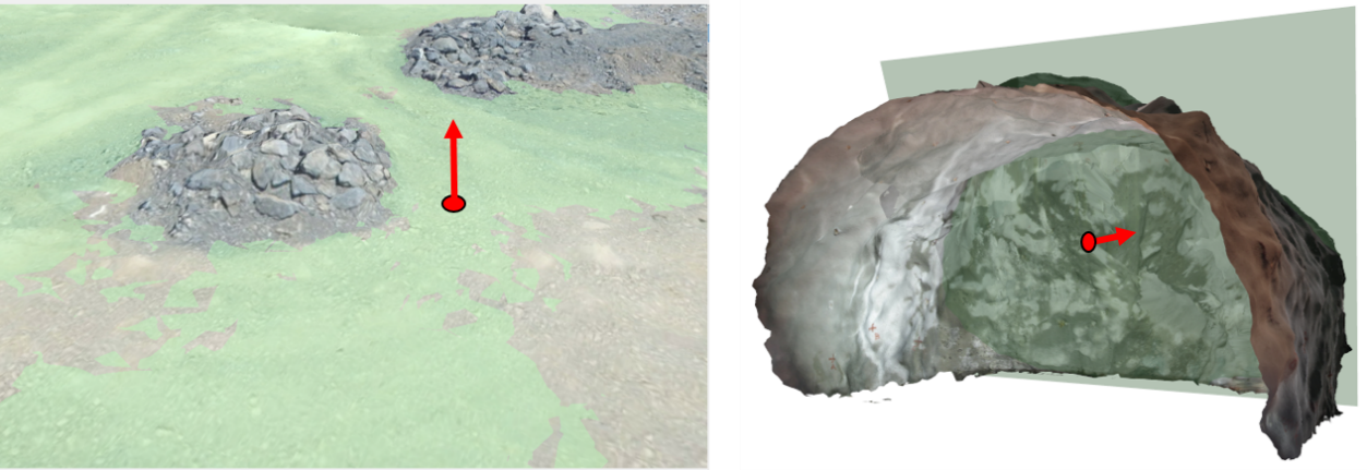 Left: Upward normal vector pointing the physical upward direction in a surface quarry. Right: Upward normal vector pointing in the direction of excavation in a tunnel.