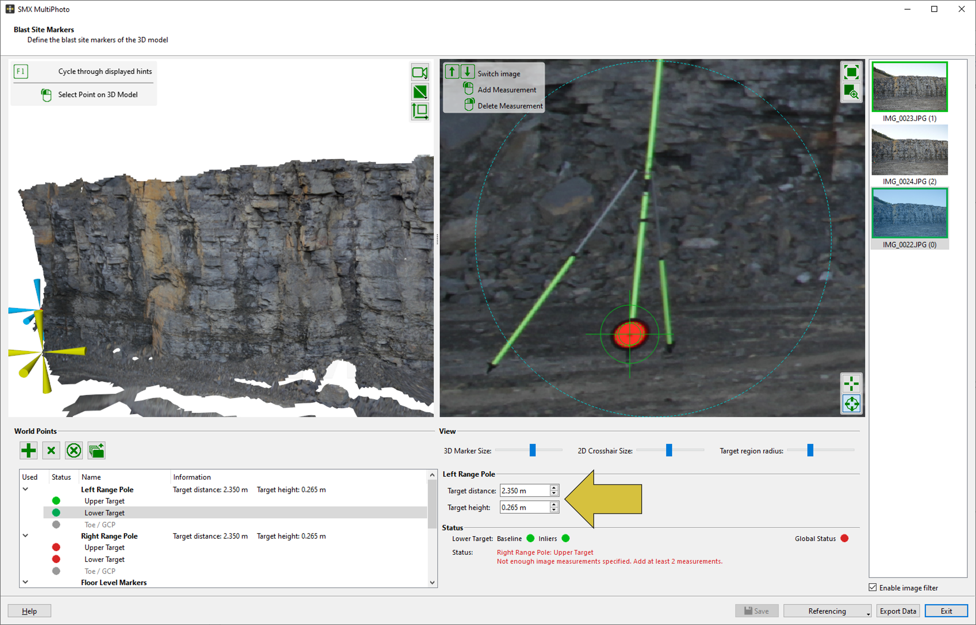 Entering of target distance and height