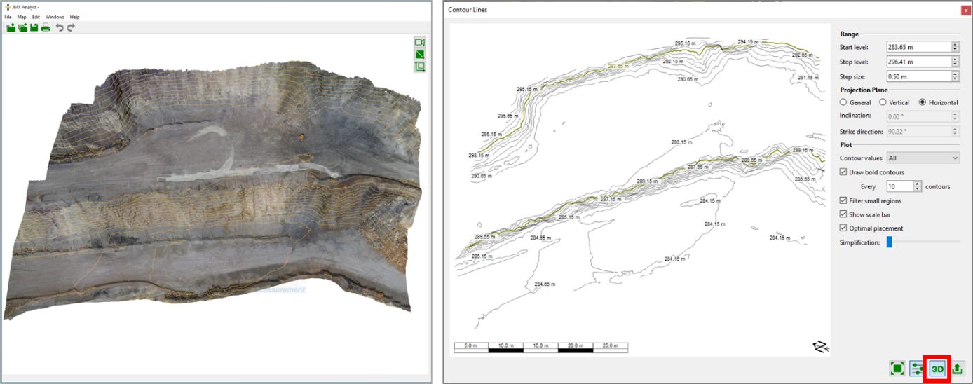 Contour lines visualized in the 3D viewer (left) and in the Contour Line dialog (right)