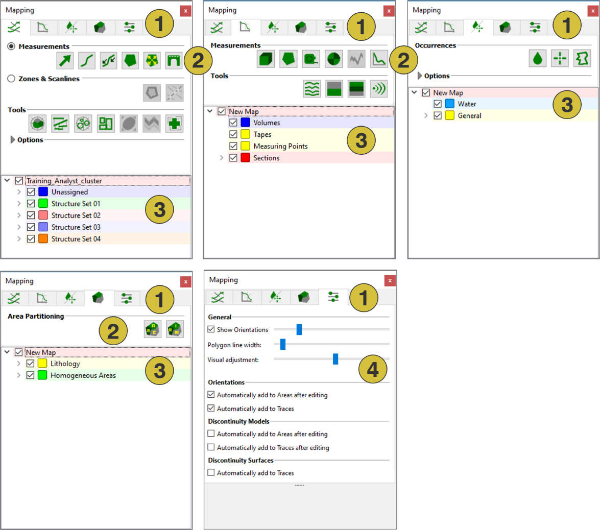 Mapping pane with individual tabs: Structure (top left), Geometry (top middle), Occurrences (top right), Area Partitioning (bottom left) and Settings (bottom middle)