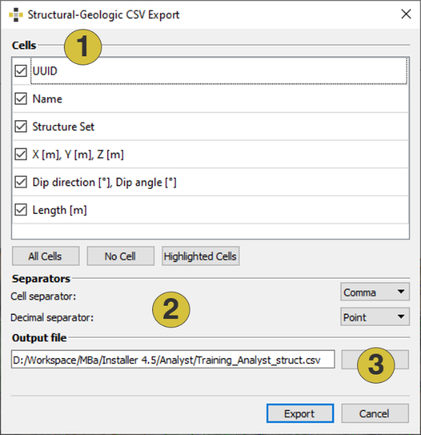 Export structural geologic data as “.csv”