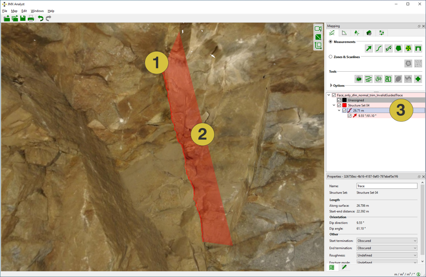 Guided Trace and it´s orientation. The joint plane is indicated by a semi-transparent plane which also delivers the orientation.